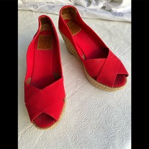 Tory Burch Red Canvas Espadrille Wedges size 7